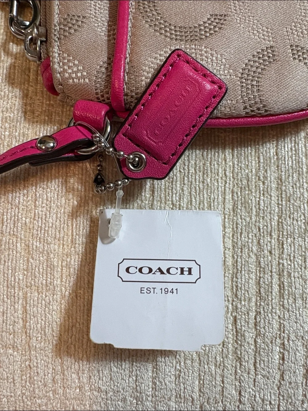 Coach Khaki Signature Canvas Wristlet with Pink Trim